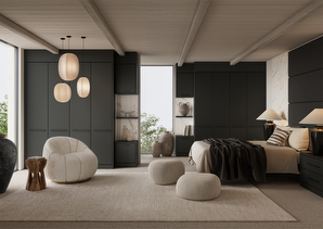 charcoal bedroom with hanging lights and a grey sofa chair