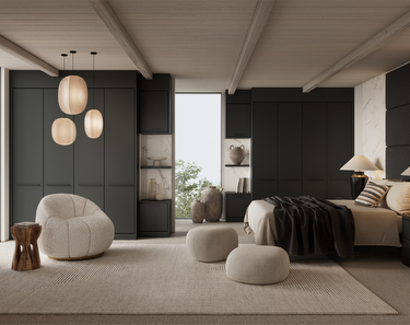 charcoal bedroom with hanging lights and a grey sofa chair