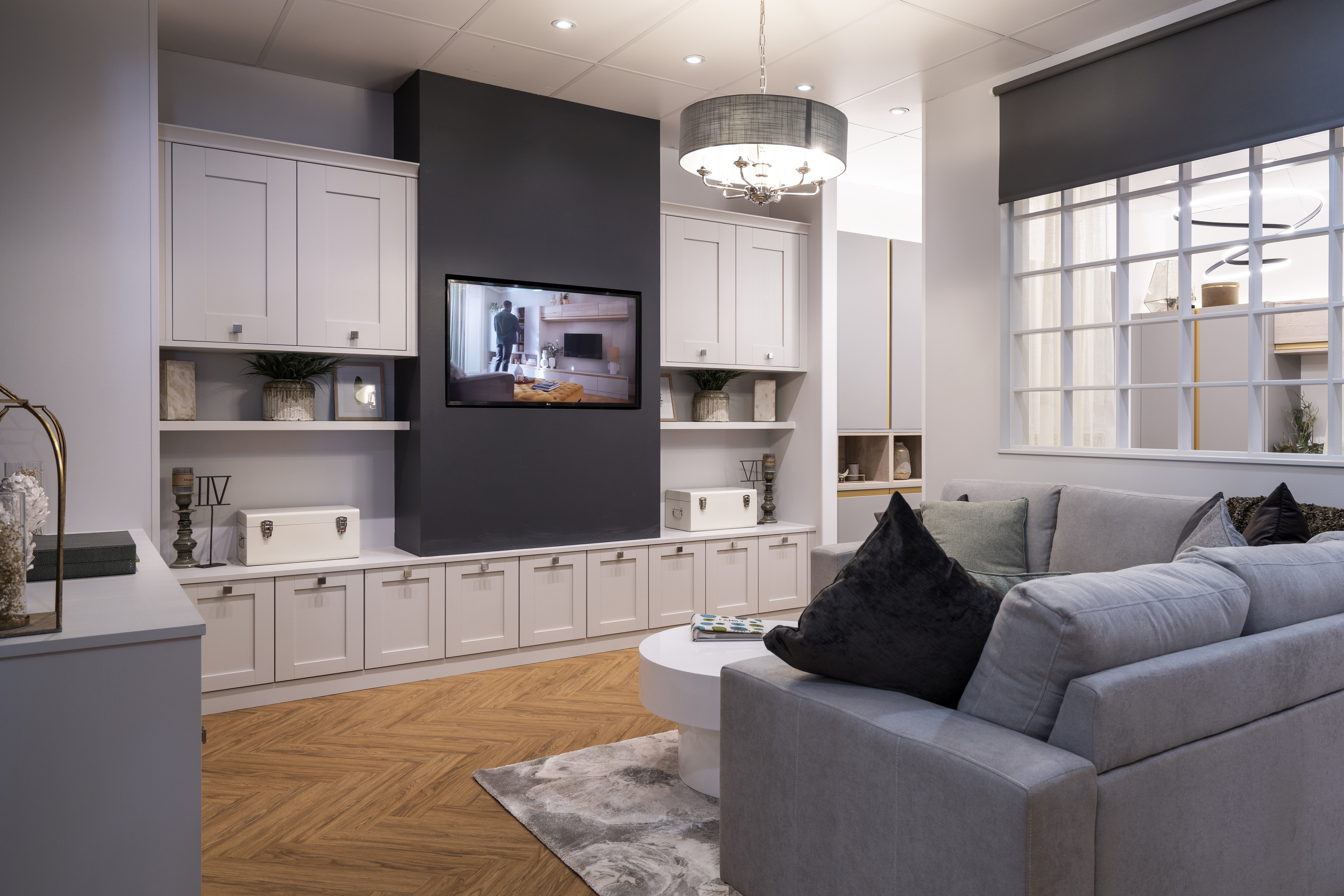 Fitted Living Room Furniture Built In Cabinets Cupboards   Croft Dove Grey Living Sheffield Showroom 01 