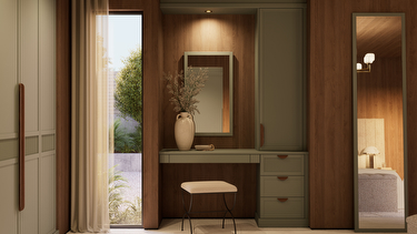 green bedroom with modern dressing table