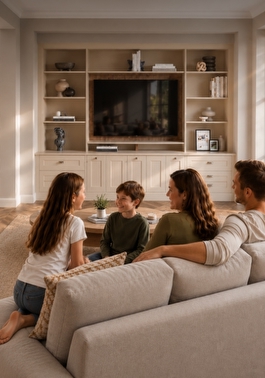 living room with a media wall and a family sat on the sofa
